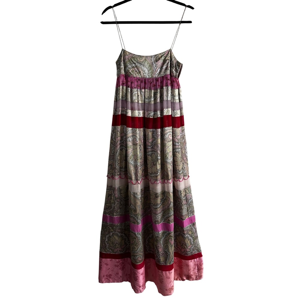 Cynthia Rowley Vintage Silk Paisley Tiered Maxi Dress Velvet Trim Size 2 Fairy